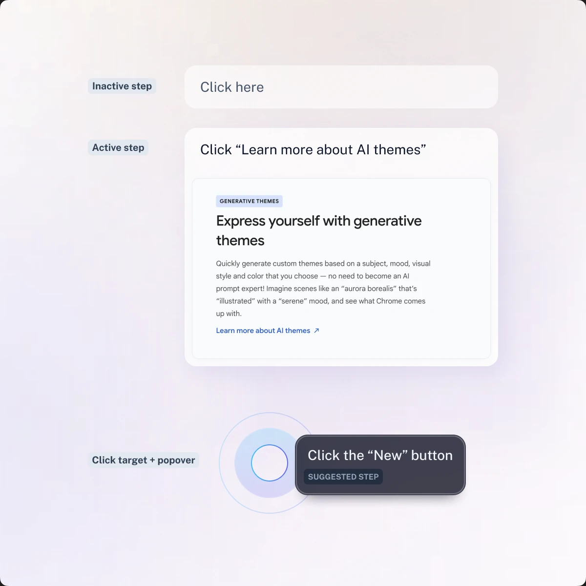Guided step component anatomy in light mode: inactive step, active step, and click target with popover