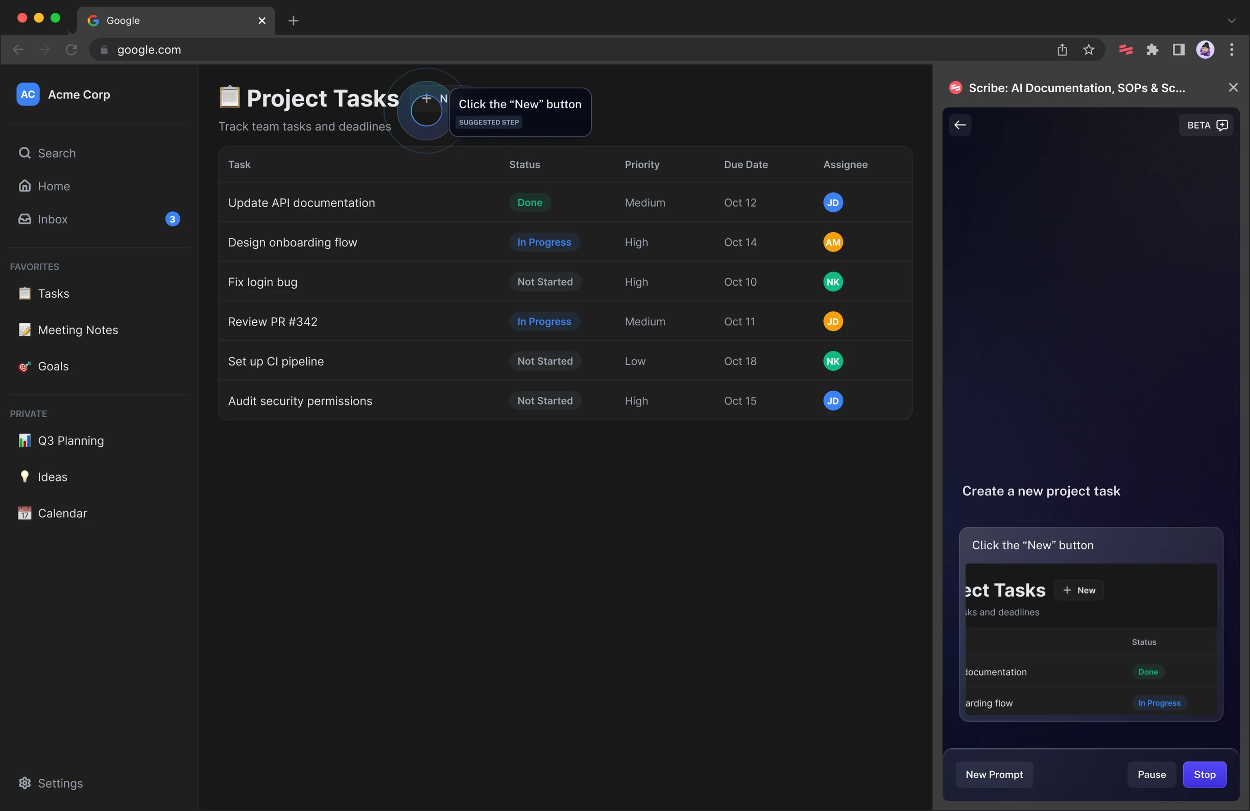 Ask Scribe AI in the browser extension, guiding a user through creating a new project task with a highlighted click target