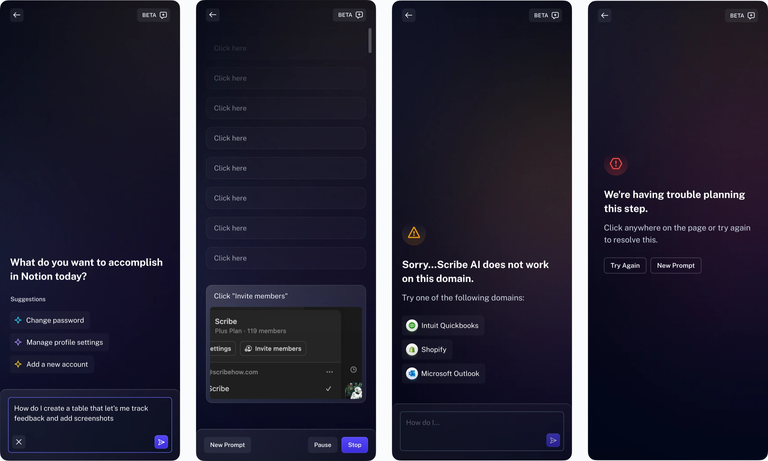 Four Ask Scribe AI side panel screens in dark mode: the prompt screen, a guided walkthrough step, an unsupported domain message, and a planning error