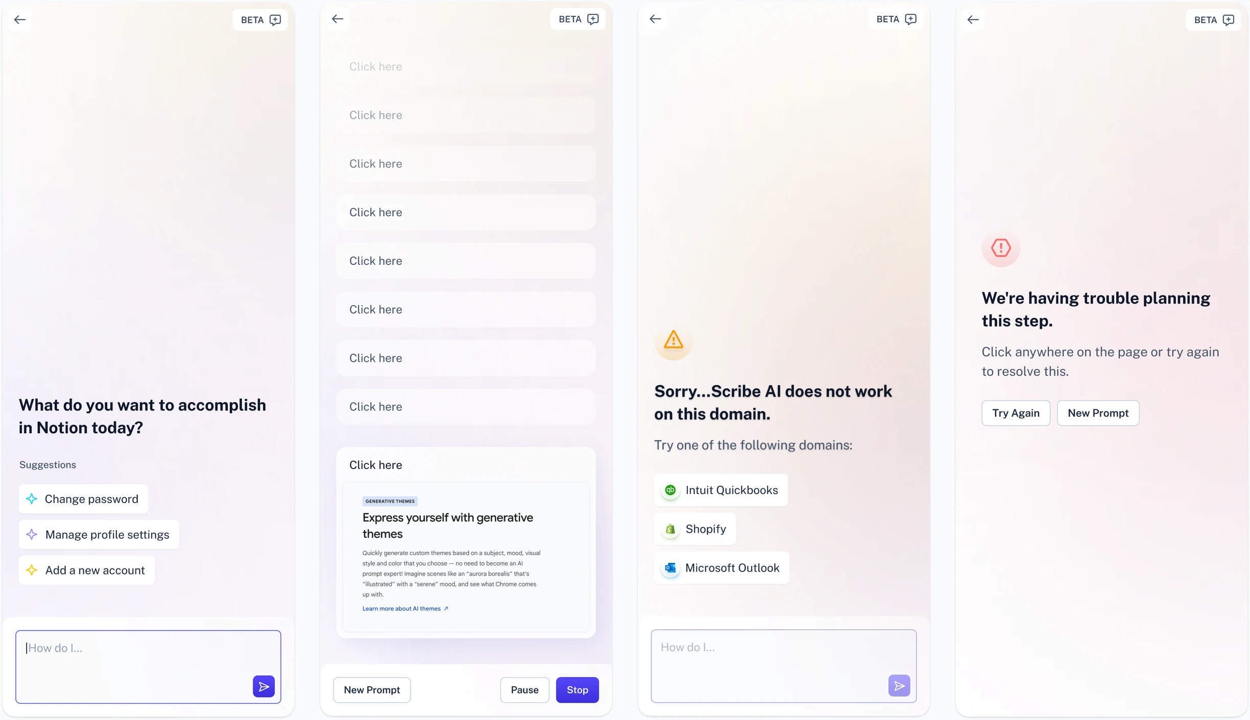 The same four Ask Scribe AI side panel screens in light mode