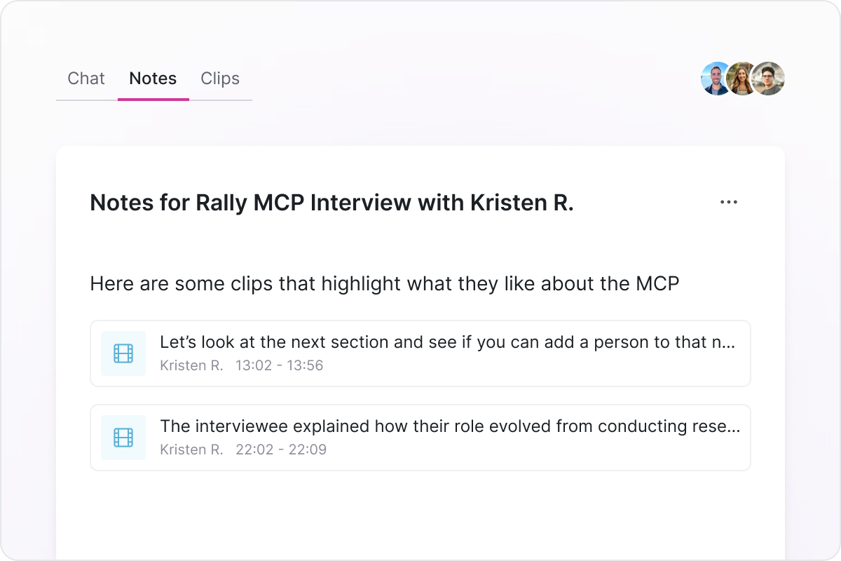 Notes panel showing saved clips highlighting moments from the interview