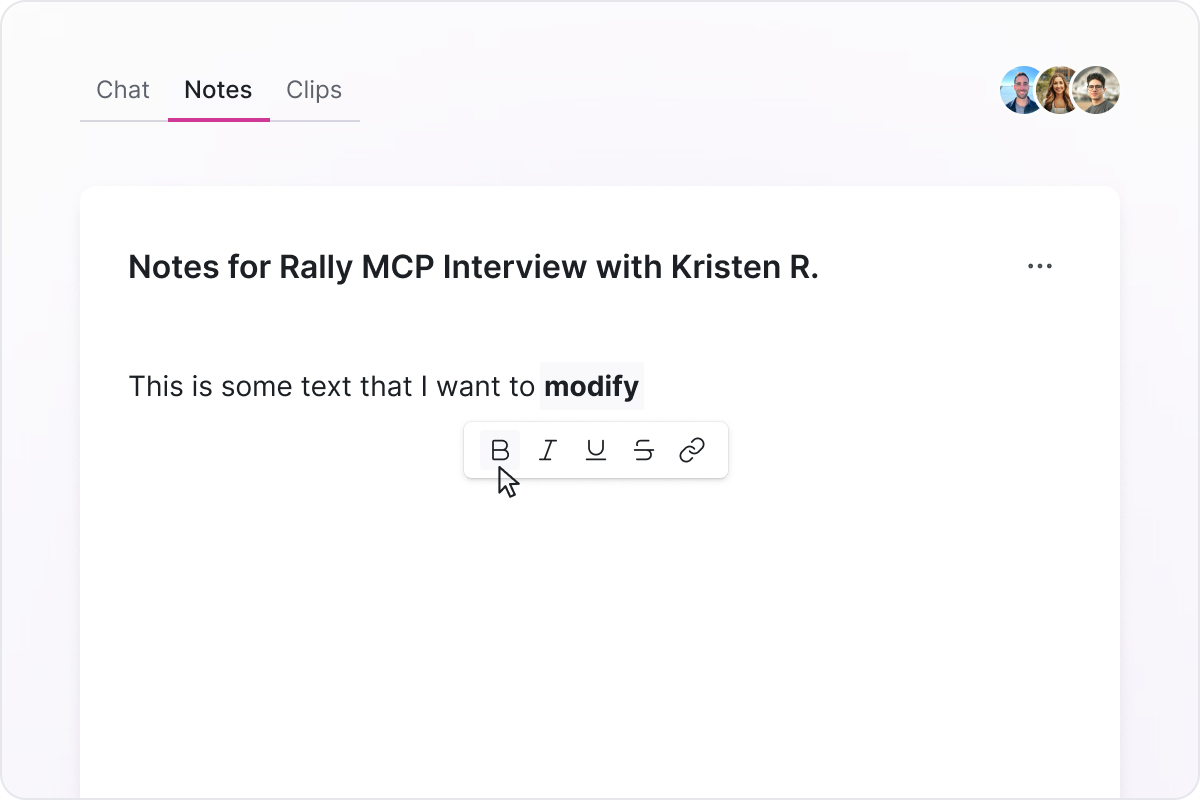 Notes panel for the Rally UXR MCP interview with an inline rich-text formatting menu open