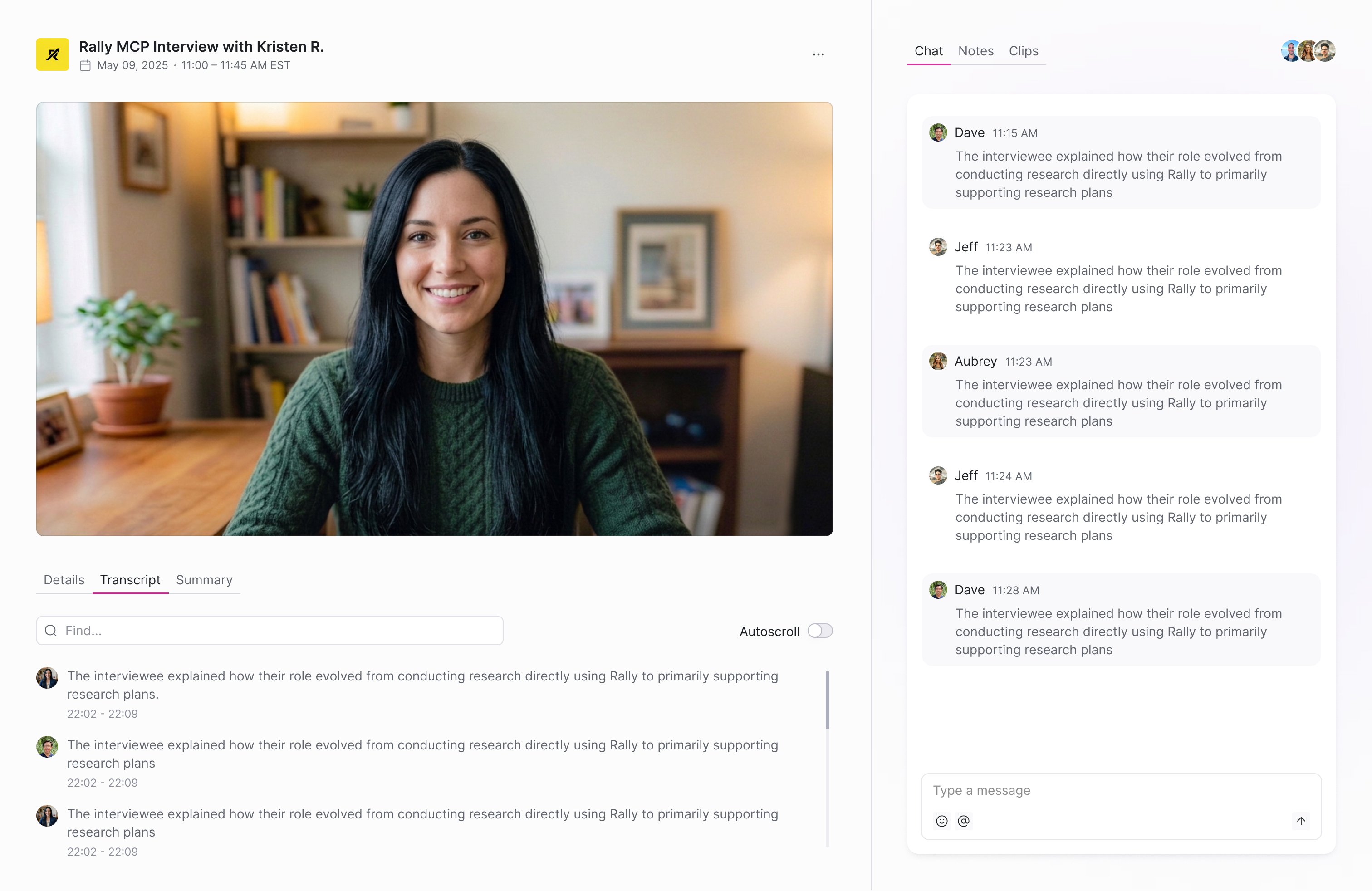 Observation room workspace showing the interview video, transcript panel, and a chat sidebar with observer comments