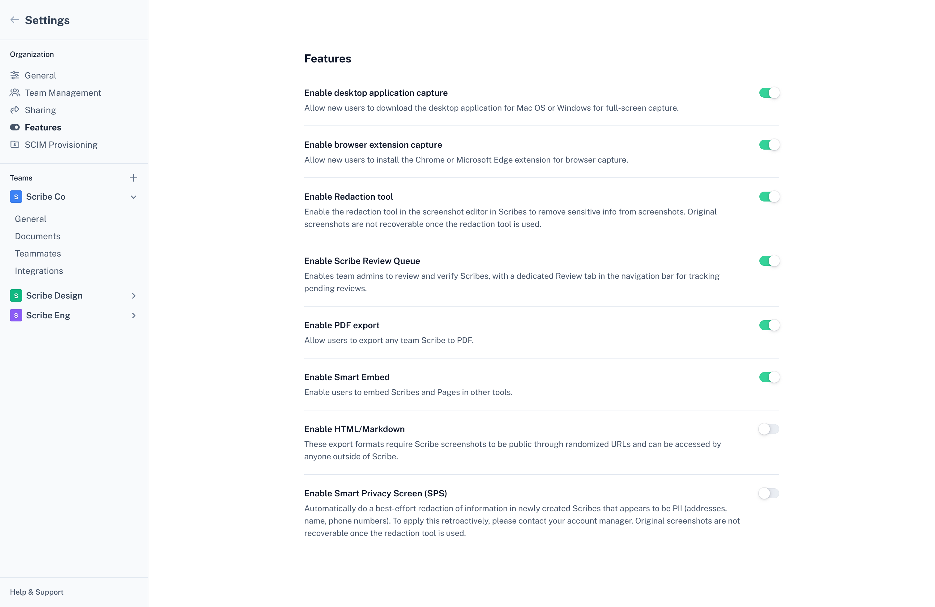 Features settings screen with toggles for capture, redaction, export, and embed features