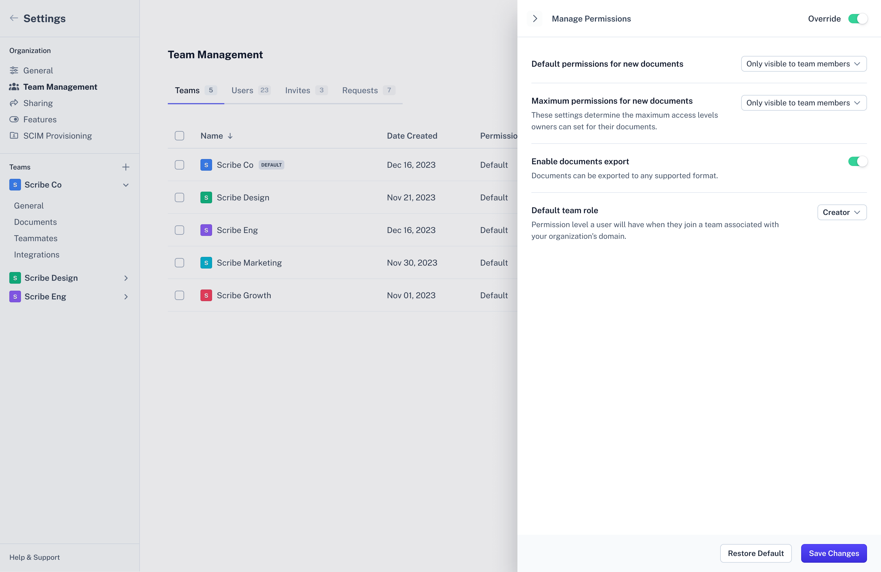 Team Management teams list with a Manage Permissions panel open showing document and export permission controls