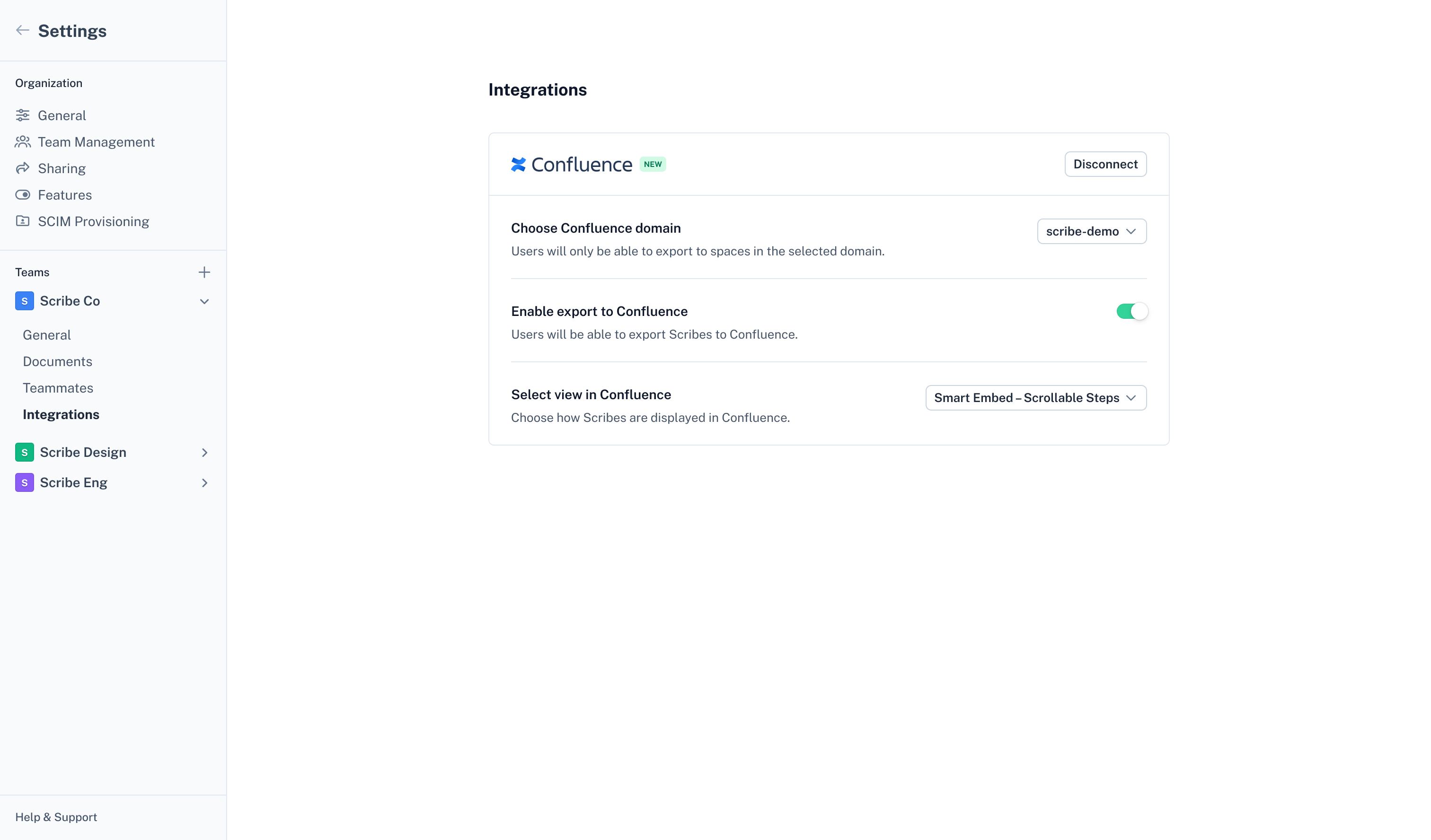 Integrations settings screen showing Confluence export configuration