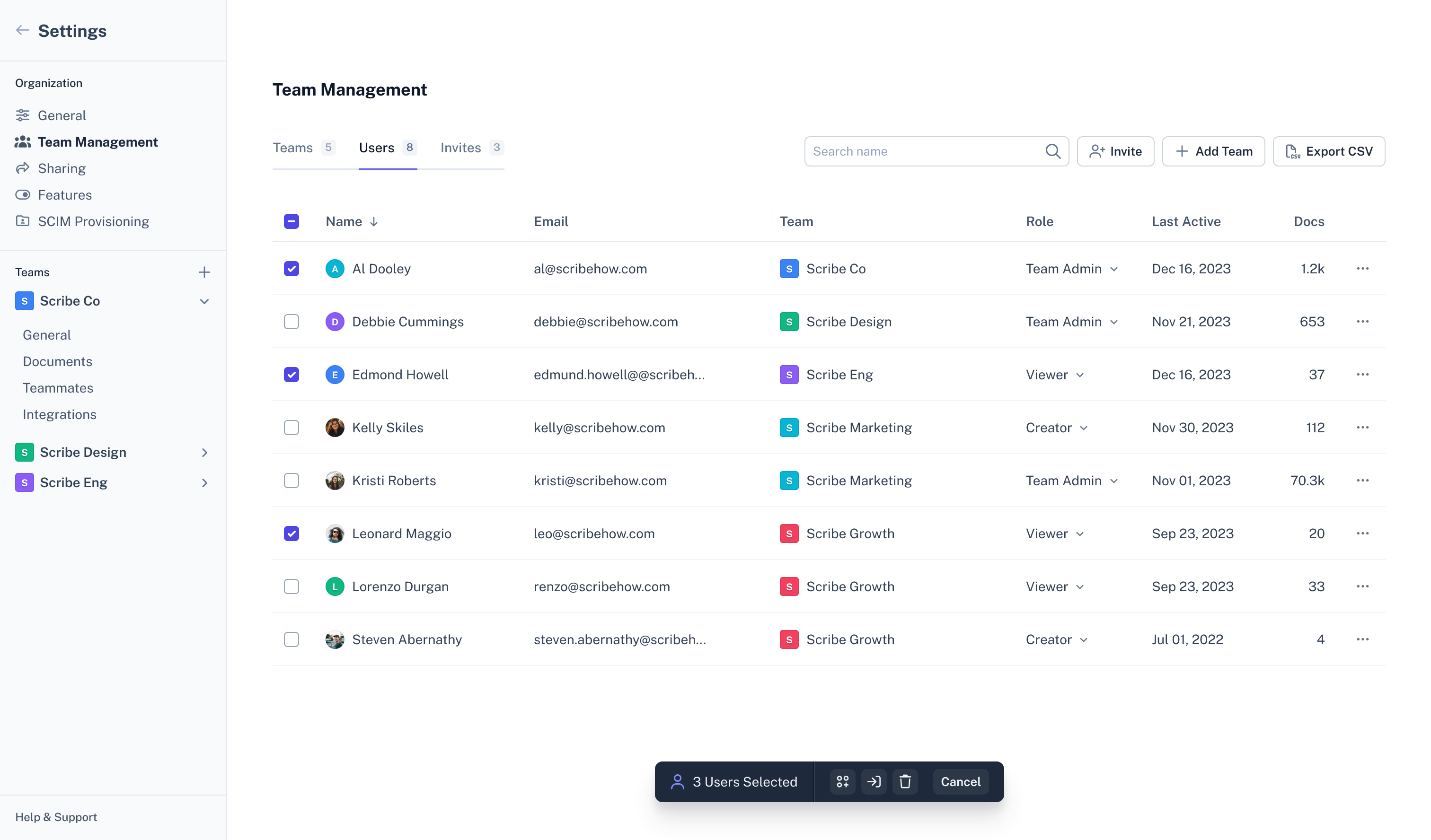 Team Management table with three users selected and a floating action bar at the bottom for bulk actions