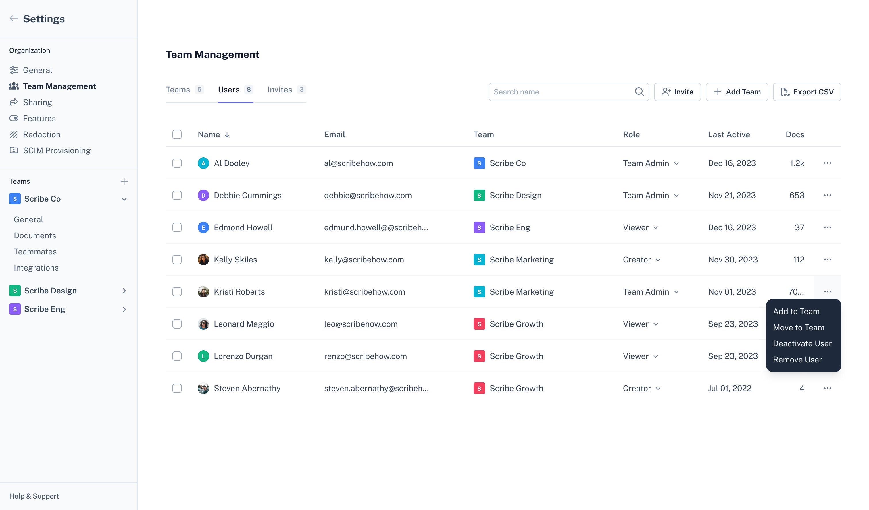 Team Management settings screen showing a list of users with an actions menu open for one user
